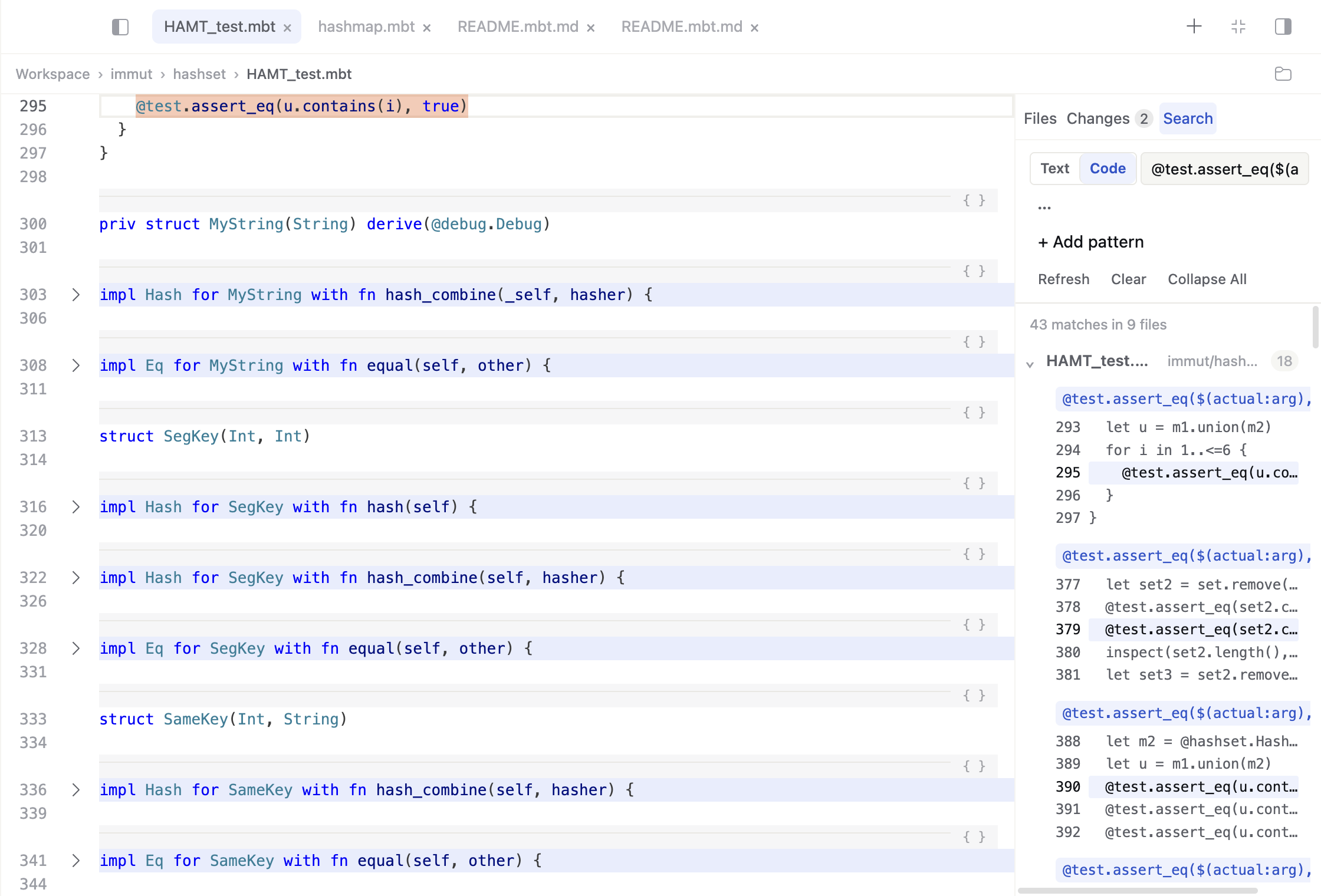 SeekMoon syntax-tree search finds 43 matches across nine files in the core workspace