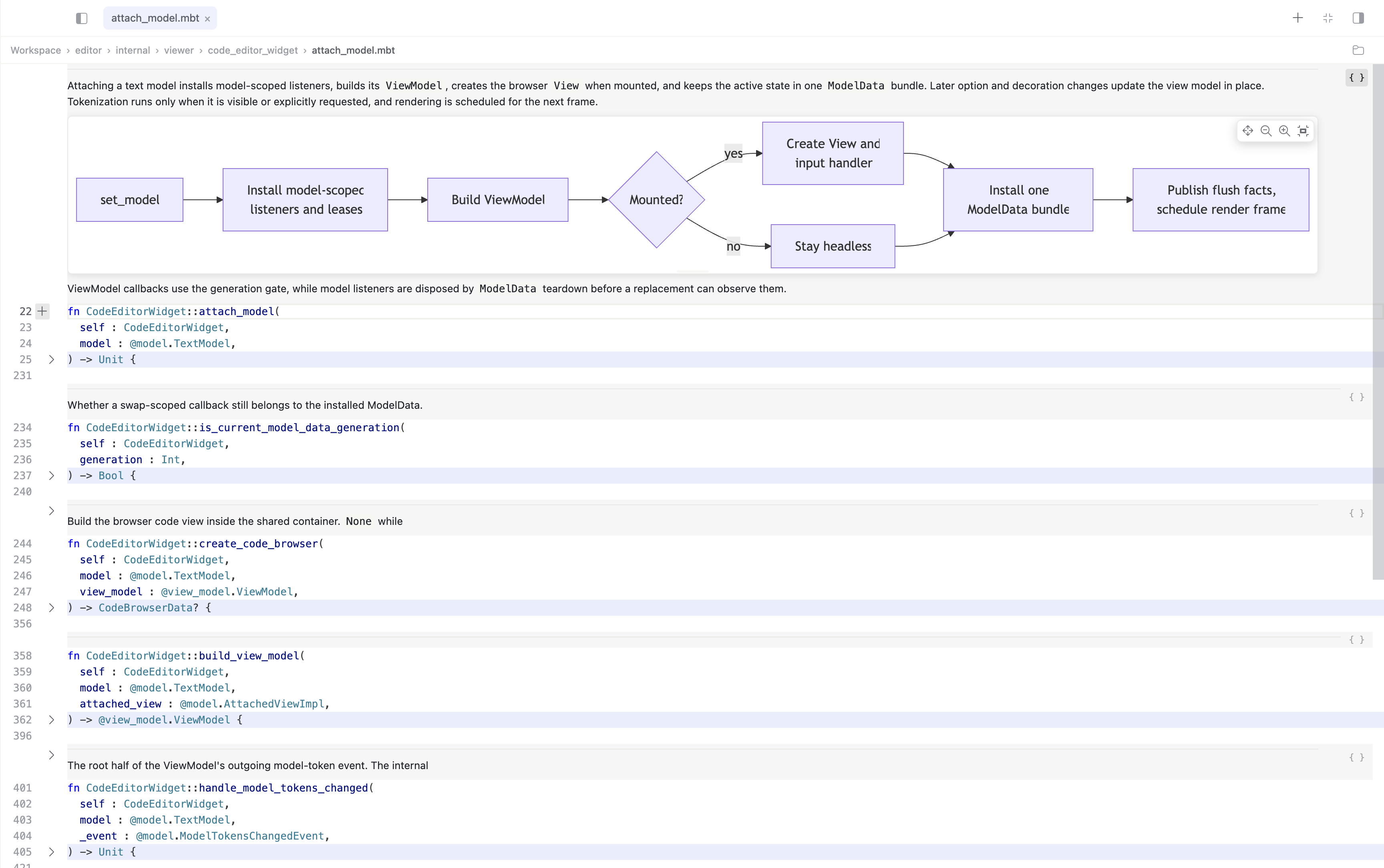 SeekMoon renders an inline Mermaid architecture diagram in a MoonBit source file and folds top-level implementations automatically