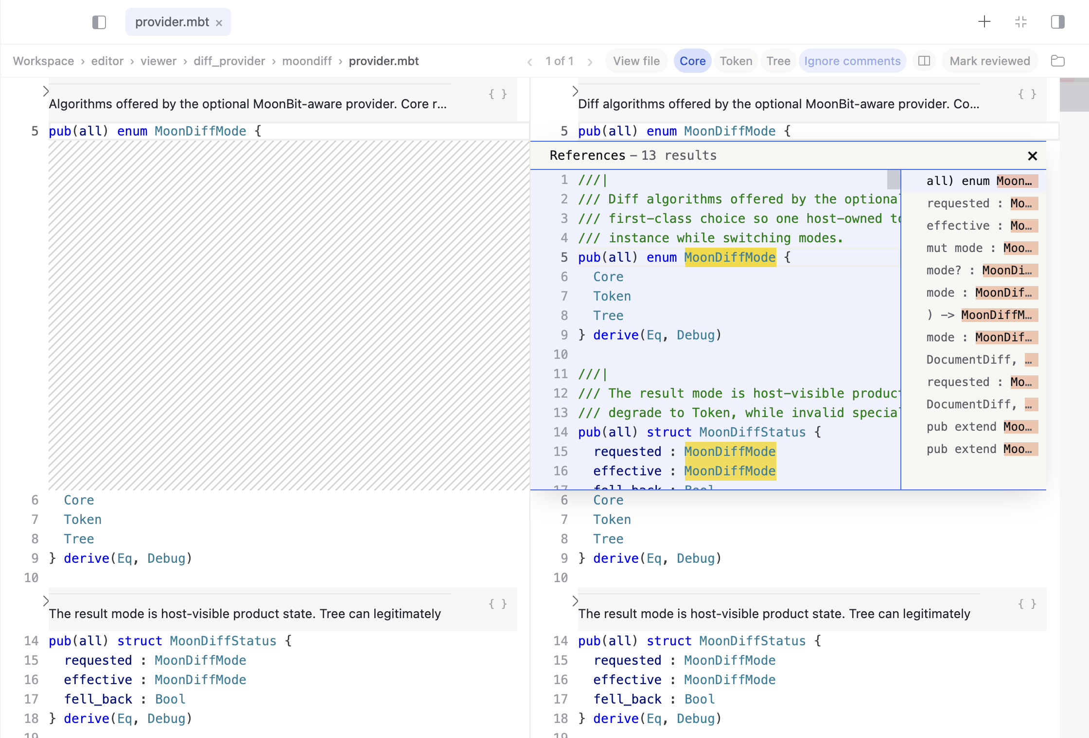 The references list for MoonDiffMode open in SeekMoon Diff Review, with related code previewed
